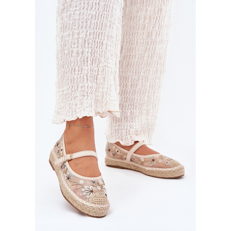Mesh Espadrilles med broderier på beige -plattformen 2