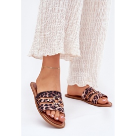 Platta kvinnors flip flops med en gyllene detalj leopard brun 2