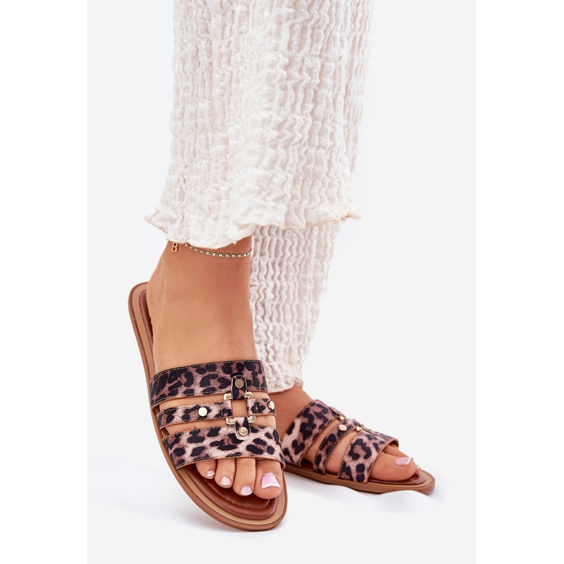 Platta kvinnors flip flops med en gyllene detalj leopard brun 1