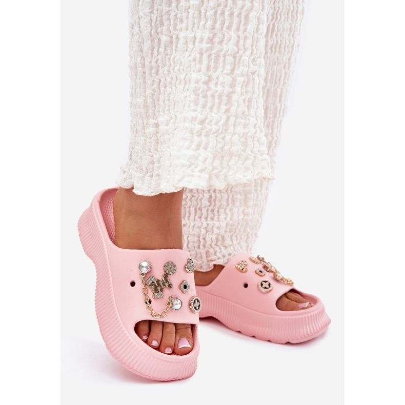 Kvinnors skum flip flops med gyllene stift rosa 1