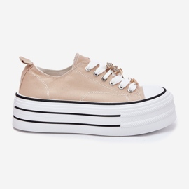 Kvinnors sneakers på plattformen med Golden Pins Beige 7
