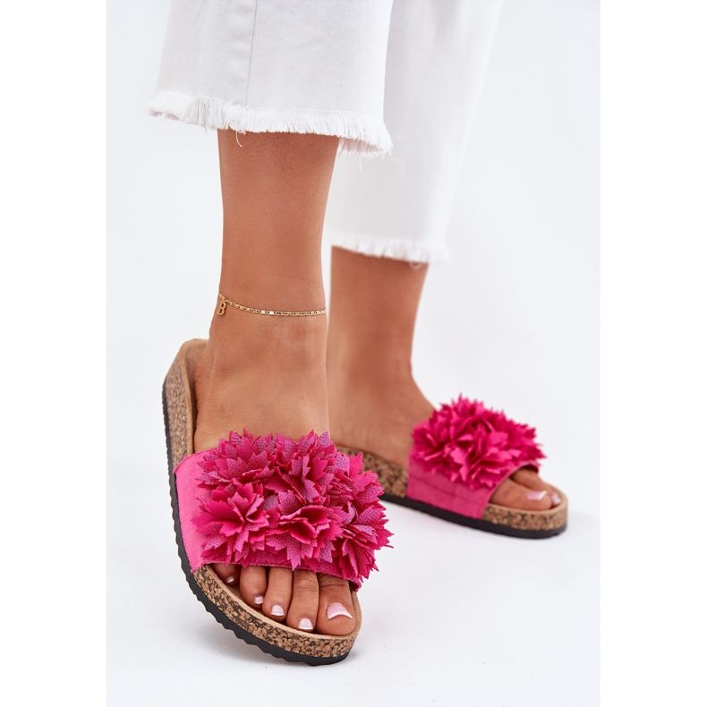 Kvinnors flip flops på en korksula med fuchsiablommor rosa 2