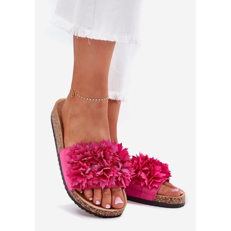 Kvinnors flip flops på en korksula med fuchsiablommor rosa 1