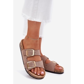 Kvinnors flip flops med eko mocka gyllene klämmor beige 1