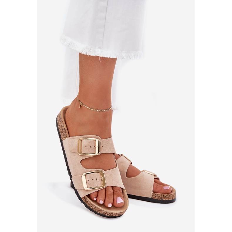 EVento Kvinnors flip flops med Eco Suede Golden Beige Buckles 1