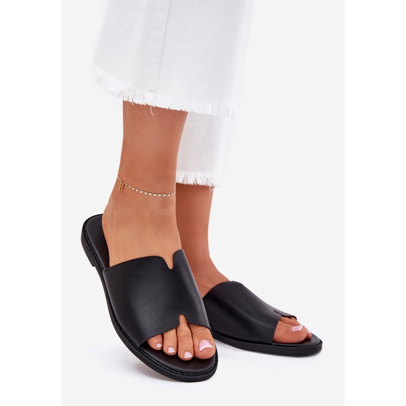 EVento Kvinnors flip flip flops med platt -hane läder svart 1