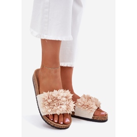 Kvinnors flip flops på en korksula med dekorativa blommor beige 1