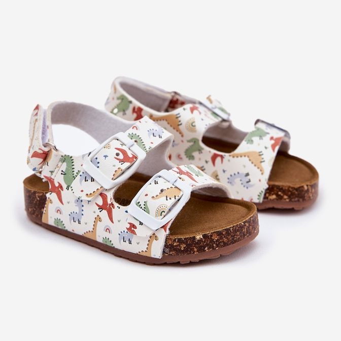 Barnsandaler på en korksula med spännen dinosaurier mångfärgade vit 1