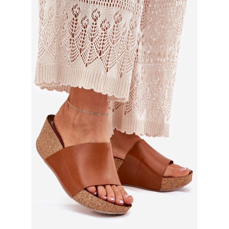 Zazoo 40291 Läder kvinnliga tofflor på de korkbruna kilarna 1