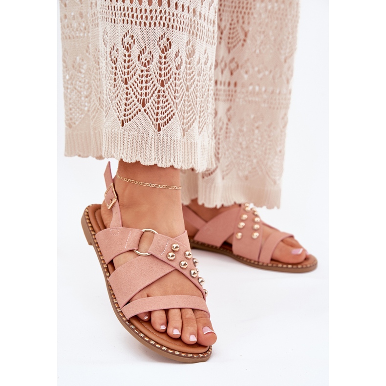 Flat -hanterade kvinnosandaler med gyllene dubbar rosa 2