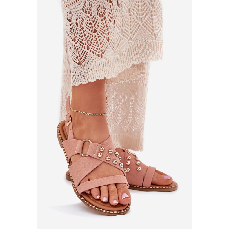 Flat -hanterade kvinnosandaler med gyllene dubbar rosa 1