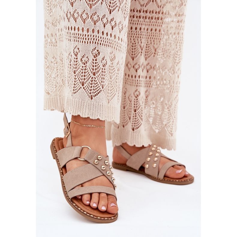 Flat -hanterade kvinnosandaler med Golden Studs Beige 2