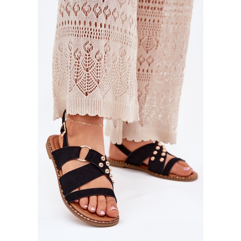 Flat -hane kvinnasandaler med Golden Studs Black svart 2