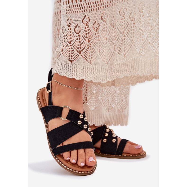 Flat -hane kvinnasandaler med Golden Studs Black svart 1