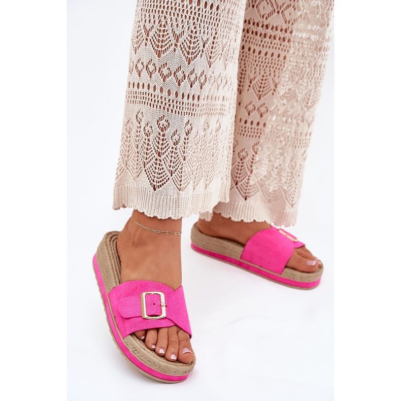 Kvinnors flip flops på plattformen med Golden Buckle Fuchsia rosa 2