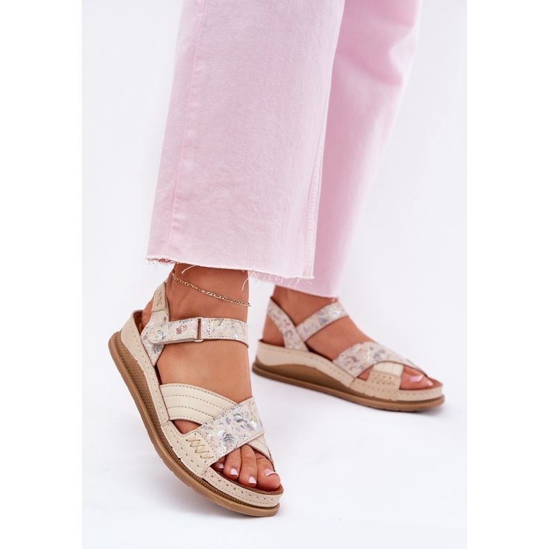 Kvinnors lädersandaler på Maciejka L7064-37 ECRU-plattform beige 2