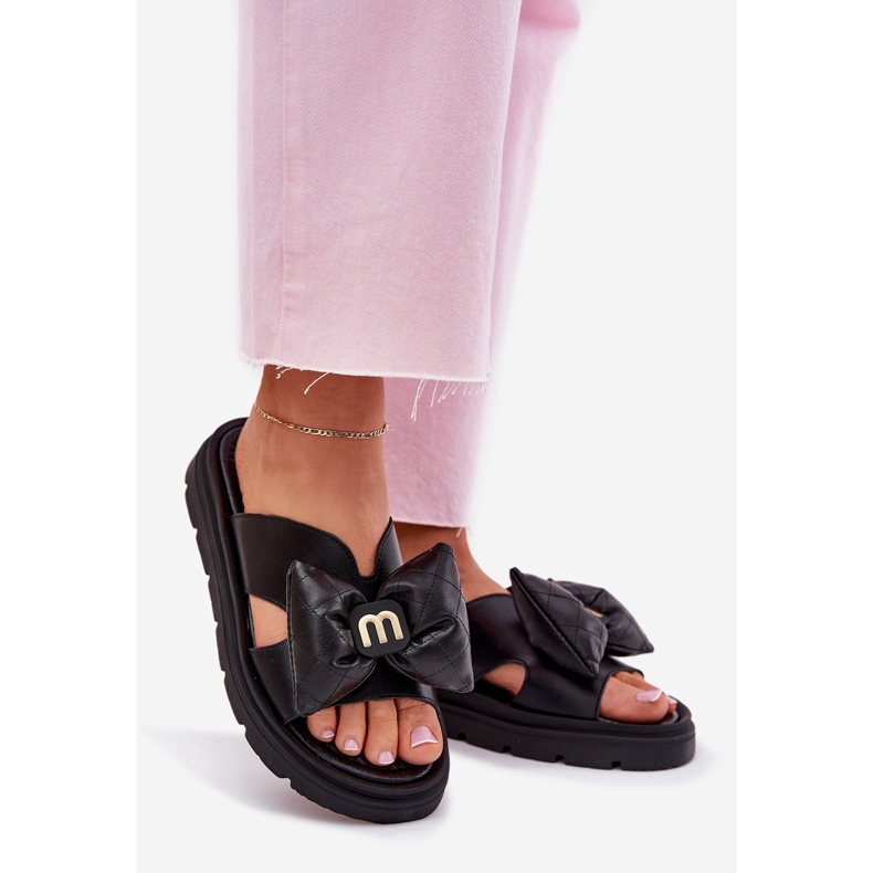 Kvinnors läderflip flops på plattformen med Chebello 4647 Black Bow svart 1
