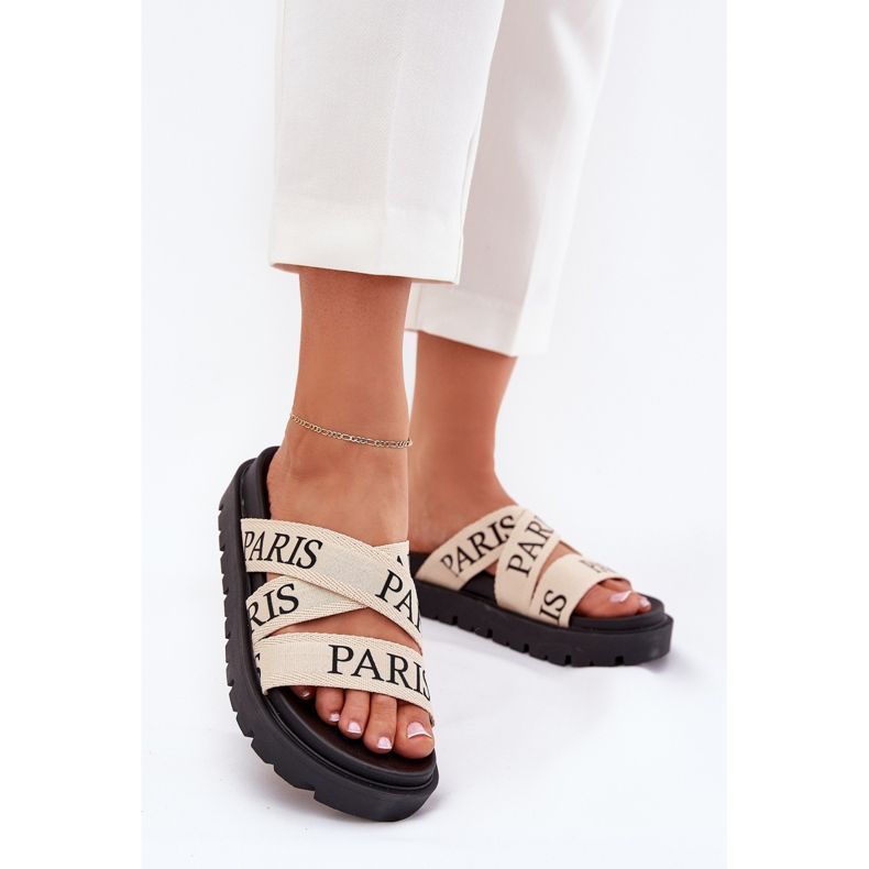 Kvinnors flip flops med Paris Material Stripes på plattformen Beige 2