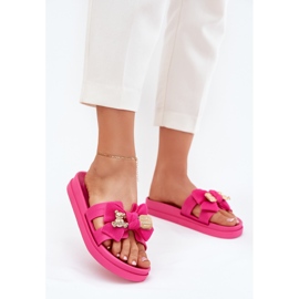 Kvinnors flip flops med en båge och en gyllene brosch fuchsia rosa 2