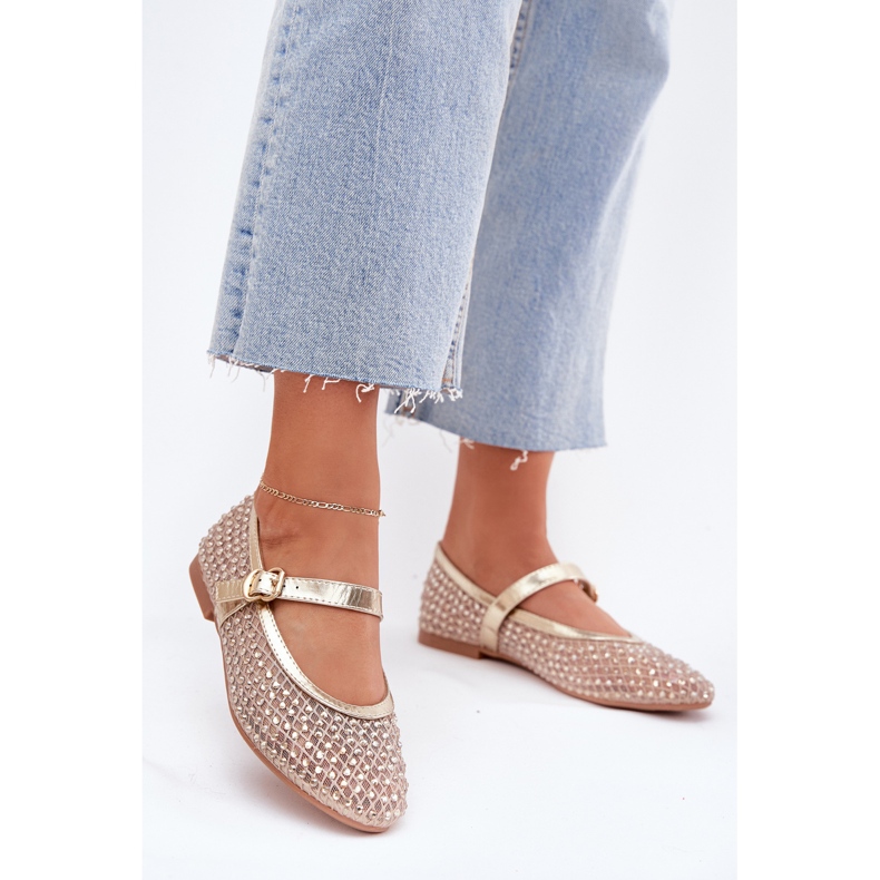 Dekorerade kvinnors ballerinor med en rand och en gyllene klämma 2