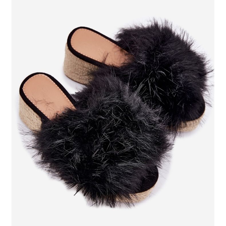 Kvinnors flip flops med kil med päls och fläta svart 2