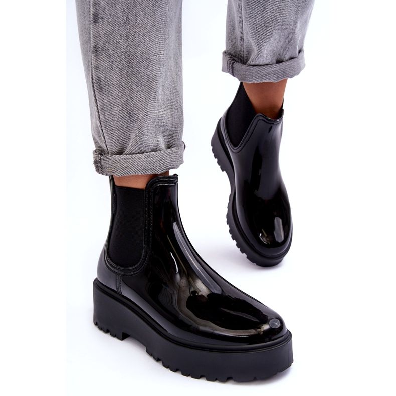 Kvinnors lackerade wellies på Big Star MM274395 Black Platform svart 4