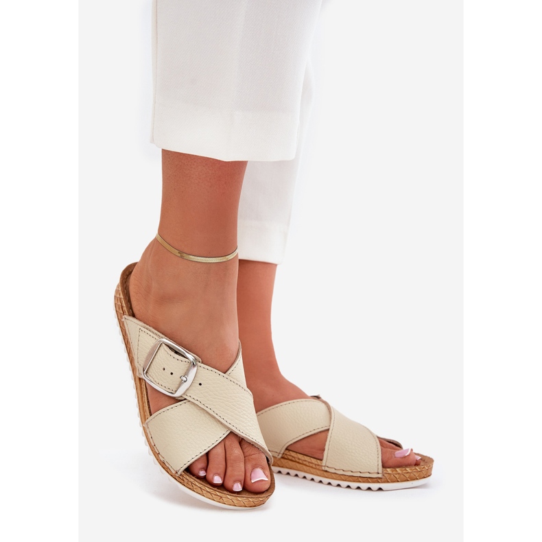 Kvinnors läderflip flops med inblu vo0004gu spänne beige 1