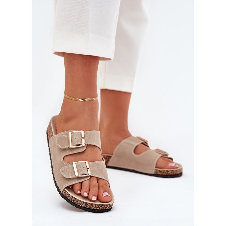 Boto Kvinnors tofflor med gyllene klämmor och sömmar beige luner 2