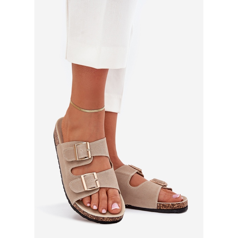 Boto Kvinnors tofflor med gyllene klämmor och sömmar beige luner 1