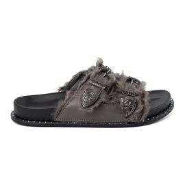 Shelvt Grå flip flops med päls och dubbar 1