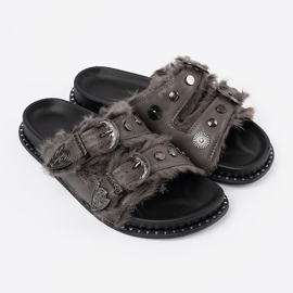 Shelvt Grå flip flops med päls och dubbar 2