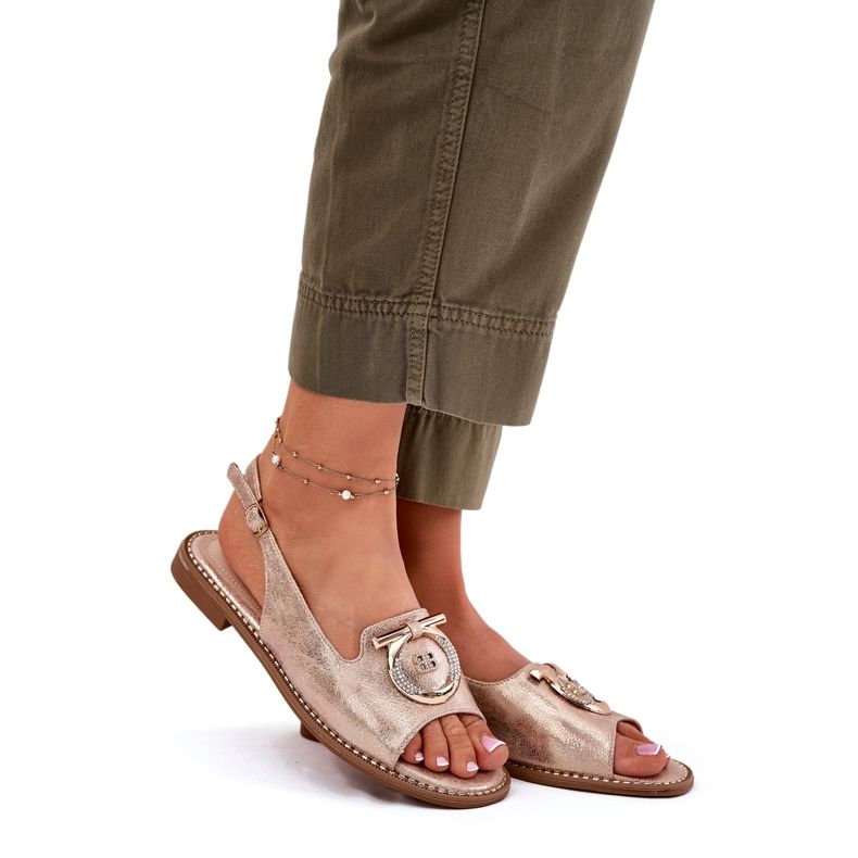 Eleganta kvinnorsandaler med plattklackad dekoration S.Barski KV51-003 rosa guld gyllene 1