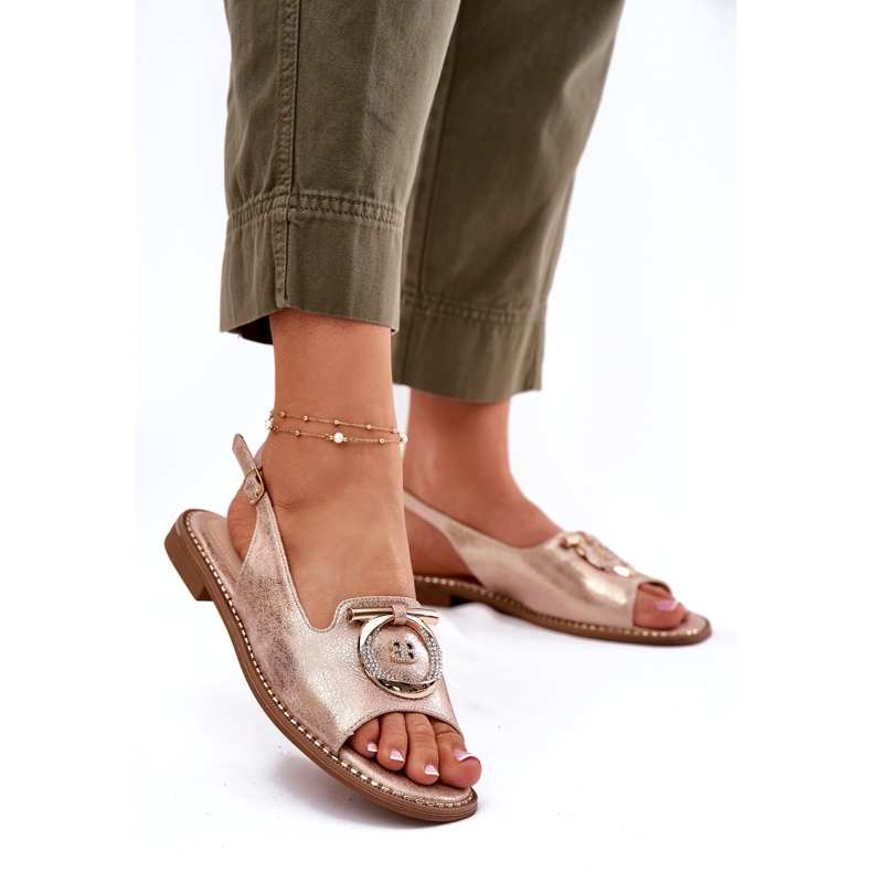 Eleganta kvinnorsandaler med plattklackad dekoration S.Barski KV51-003 rosa guld gyllene 2