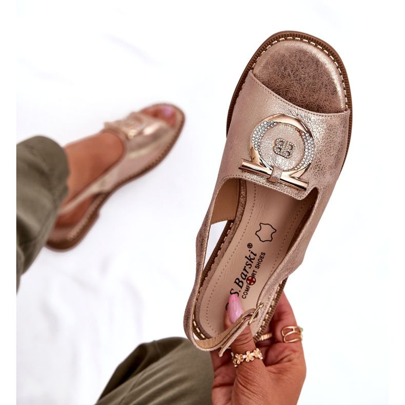 Eleganta kvinnorsandaler med plattklackad dekoration S.Barski KV51-003 rosa guld gyllene 5