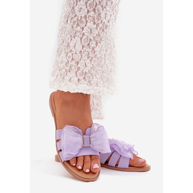 Boto Flathelade kvinnors flip flops med en tyll båge lila tanira purpur 1