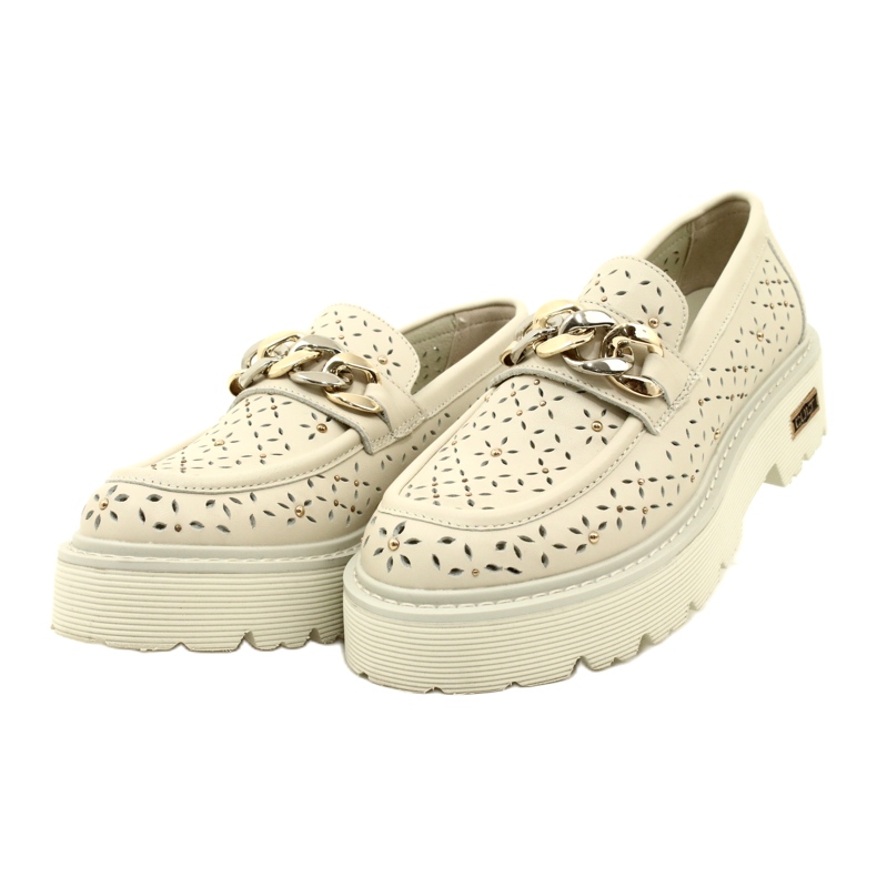 Läder OpenWork Women's Loafers på plattformen med dekoration CLW319405 Beige 3