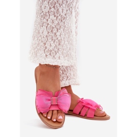Boto Flat -hanterade kvinnors flip flops med en tyllbåge Fuksja Tanira rosa 1