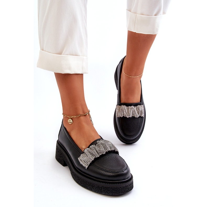 Zazoo 3419 Kvinnor läderloafers med en dekorativ remsa svart rem 1