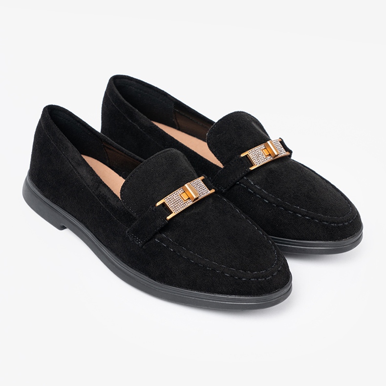 Shelvt Svart mocka loafers med en elegant gyllene dekoration 2