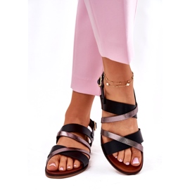 Flat -hankvinnade kvinnasandaler med Sergio Leone SK086H ränder svart 1