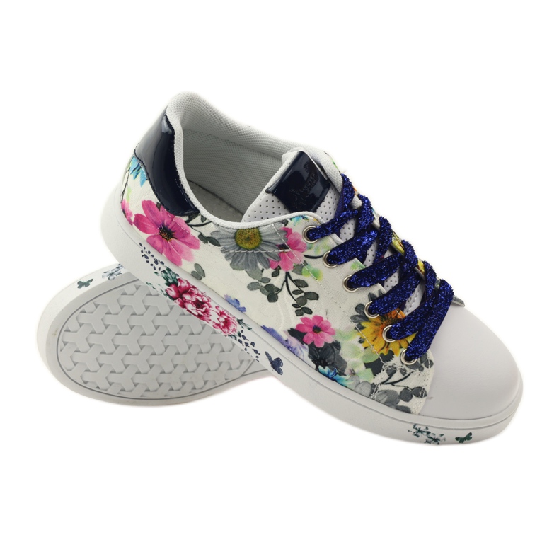 American Club Blommiga amerikanska sneakers med läderinlägg marinblå rosa vit 3