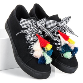 Ideal Shoes Svarta sneakers med fransar 1