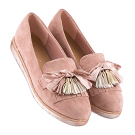 Bestelle Loafers i mocka med fransar rosa 1