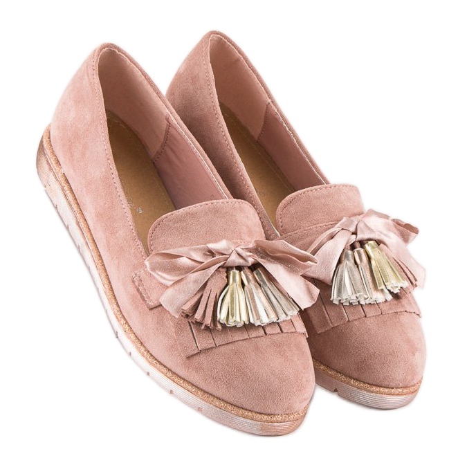 Bestelle Loafers i mocka med fransar rosa 1