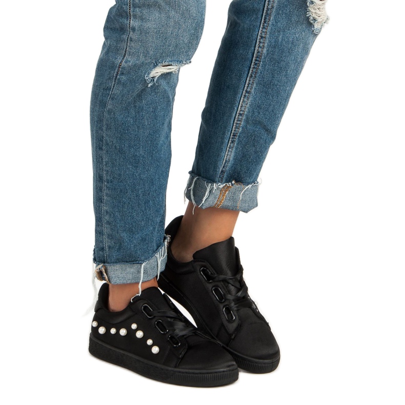 Satin Sneakers Med Pärlor svart 2