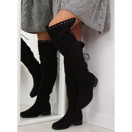 Svarta platta lårstövlar LS182 2