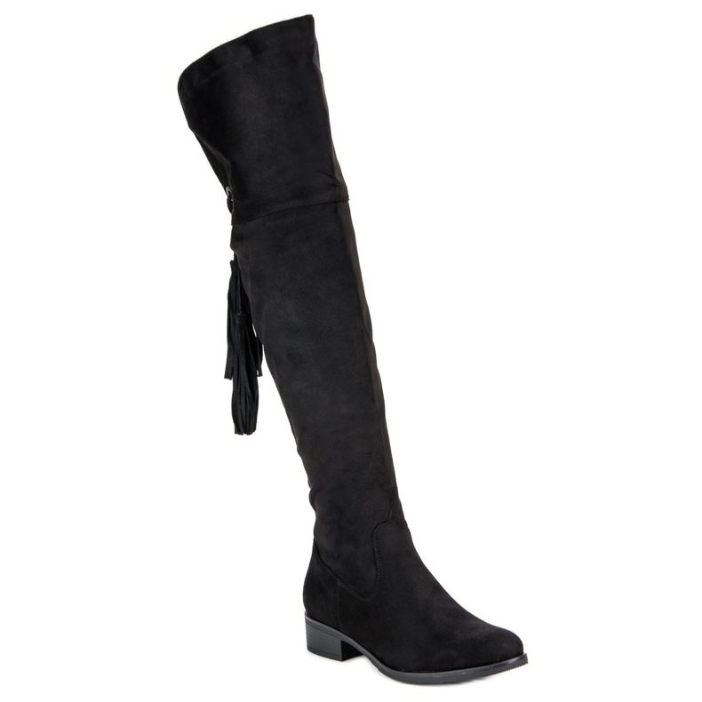 Forever Folie Svarta lårhöga stövlar med platta klackar 1