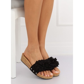 Svart S63 Svarta tofflor med blommor 2