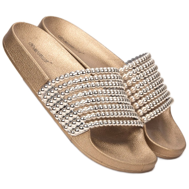 Bestelle Gummi tofflor med pärlor gul 1