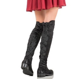 Forever Folie Lårhöga stövlar i mocka med bindning svart 2